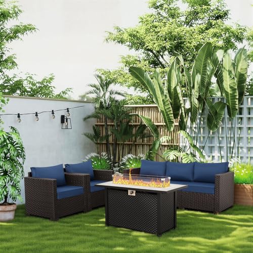 4 Piece Patio Furniture Set 45 Inches Fire Pit Table Outdoor Furniture Sets Patio Couch Outdoor Chairs 50000 BTU Propane Fire Pit with No-Slip Cushions and Waterproof Covers, Navy Blue
