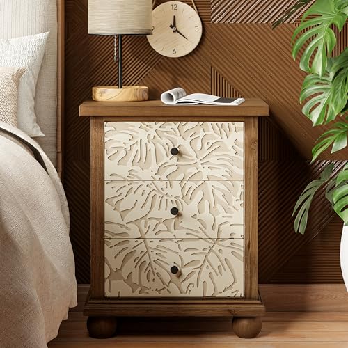 Farmhouse 3-Drawer Nightstand with Leaves Pattern Carved, Set of 2 Vintage French Country End Table for Bedroom, Living Room, Distressed Finish, White & Brown