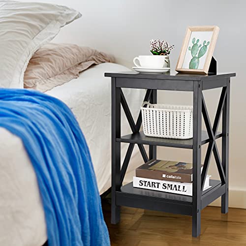 End Table 3-Tier X-Design Side Table with Storage Shelves Sofa Side Table Storage Organizer Display for Bedroom, Living Room, Office, Nursery Room, Black
