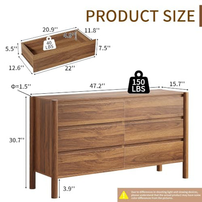 47.2" Wide Walnut 6 Drawer Dresser for Bedroom with Solid Wood Legs, view 3