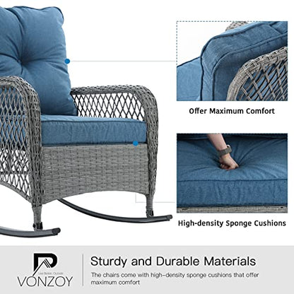 Patio Furniture Set 3 Pieces, Wicker Rocking Bistro Set with Thick Cushions, Outdoor Rocker Chairs and Coffee Table for Porch, Backyard or Garden (Blue)