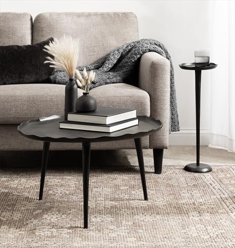 Alessia Modern Decorative Metal Drink Table; 8 x 8 x 22; Black; Round Cast Aluminum Pedestal Plant Stand with Rough Texture and Deckled Edge