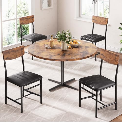 Industrial Dining Chairs Set of 4 - Upholstered Dining Room Chairs with PU Leather, Kitchen Chairs with Wooden Backrest and Thickened Metal Legs, for Dining Room, Living Room（Rustic Brown）