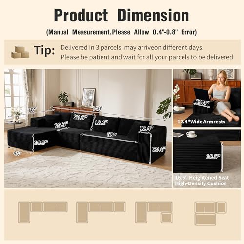 140” Oversized No Assembly Compression Boneless Cloud Sectional Couches for Living Room, L-Shape Comfy Fluffy Sleeper Sofa Bed, Modular Corduroy Reclining Memory Foam Furniture for Bedroom Home Black