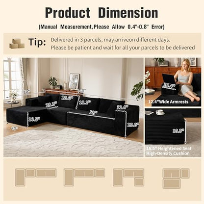 140” Oversized No Assembly Compression Boneless Cloud Sectional Couches for Living Room, L-Shape Comfy Fluffy Sleeper Sofa Bed, Modular Corduroy Reclining Memory Foam Furniture for Bedroom Home Black