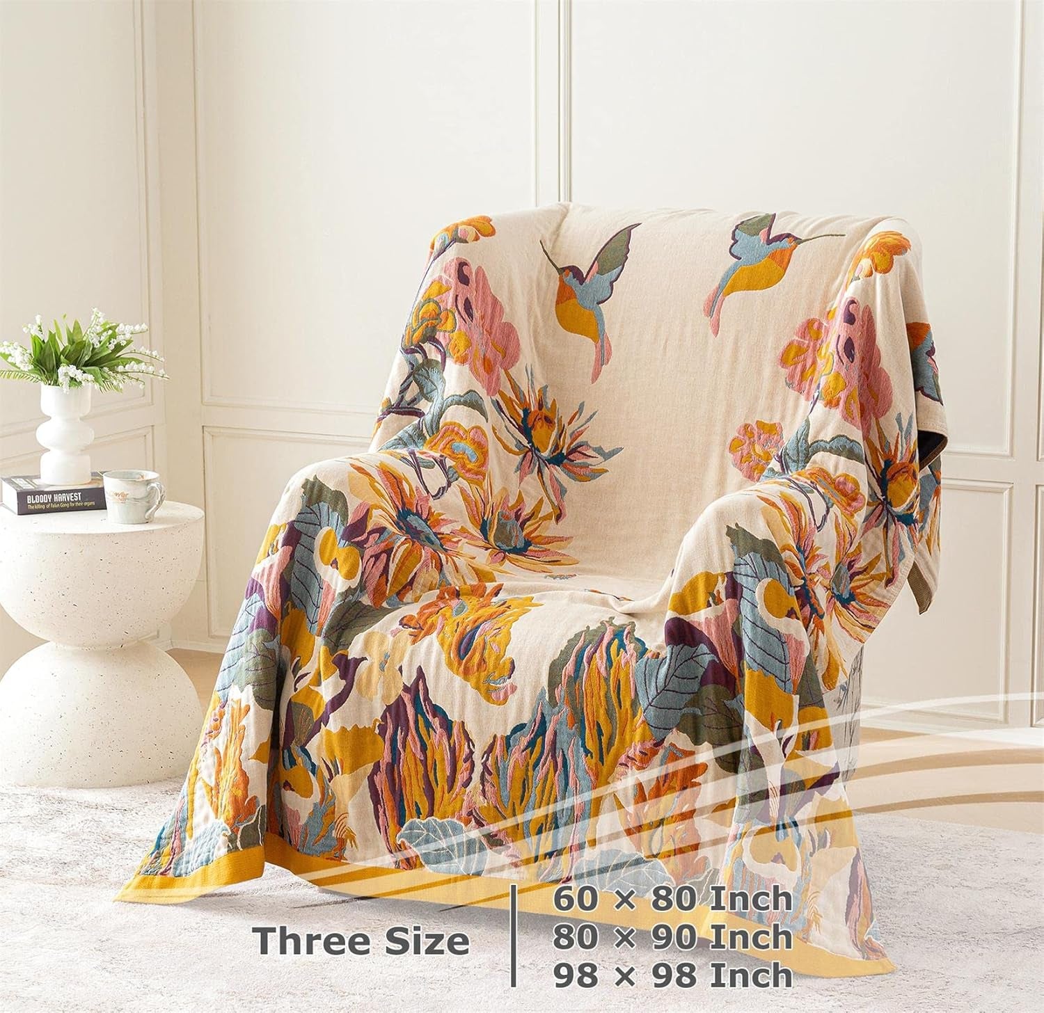 Boho Throw Blanket 100% Cotton Ultra Soft Bed Throw Large Fall Blanket Floral Bird and Butterfly Farmhouse Decor Bed Blankets,60"×80" All Season Blankets for Sofa Couch Chair
