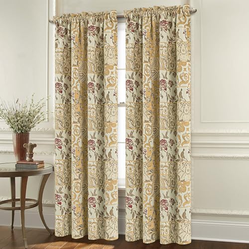 Damask Patchwork Curtains for Bedroom, Beige Yellow Lined Jacquard Curtains 2 Panels with Tiebacks, Window Curtain for Living Room Banquet Halloween Decor, Rod Pocket(52”x 84”, 2 Panels)