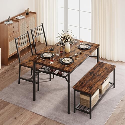 GAOMON Dining Table Set for 4, Kitchen Table and Chairs for 4 with Wine Rack, Dining Room Table Set with Bench, Rectangular Kitchen Table Set for Small Space, Apartment, Studio, Retro Brown