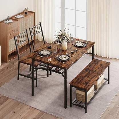GAOMON Dining Table Set for 4, Kitchen Table and Chairs for 4 with Wine Rack, Dining Room Table Set with Bench, Rectangular Kitchen Table Set for Small Space, Apartment, Studio, Retro Brown