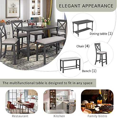 Farmhouse Style 6-Pieces Counter Height Dining Table Set with 4 Upholstered Chair, Storage Shelf and Upholstered Bench, Wood Kitchen Dining Table Set for 6 Person (Gray, Bottom Shelf)