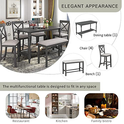 Farmhouse Style 6-Pieces Counter Height Dining Table Set with 4 Upholstered Chair, Storage Shelf and Upholstered Bench, Wood Kitchen Dining Table Set for 6 Person (Gray, Bottom Shelf)