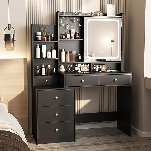 Vanity Desk with Mirror and Lights, Makeup Vanity with 6 Drawers and Shelves, Dressing Table with Power Outlet, Makeup Desk with Led Lighted Mirror in 3 Colors, for Bedroom, Black