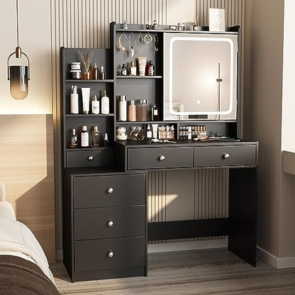 Vanity Desk with Mirror and Lights, Makeup Vanity with 6 Drawers and Shelves, Dressing Table with Power Outlet, Makeup Desk with Led Lighted Mirror in 3 Colors, for Bedroom, Black