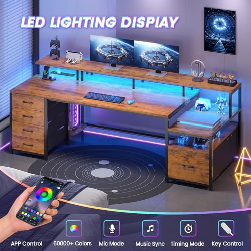 Home Office Desk with File Drawer & Power Outlet, 75'' Large Computer Desk with 5 Drawer, Storage Shelves, Monitor Shelf and Led Lights, 23.6" W Desktop Gaming Desk, Rustic Brown