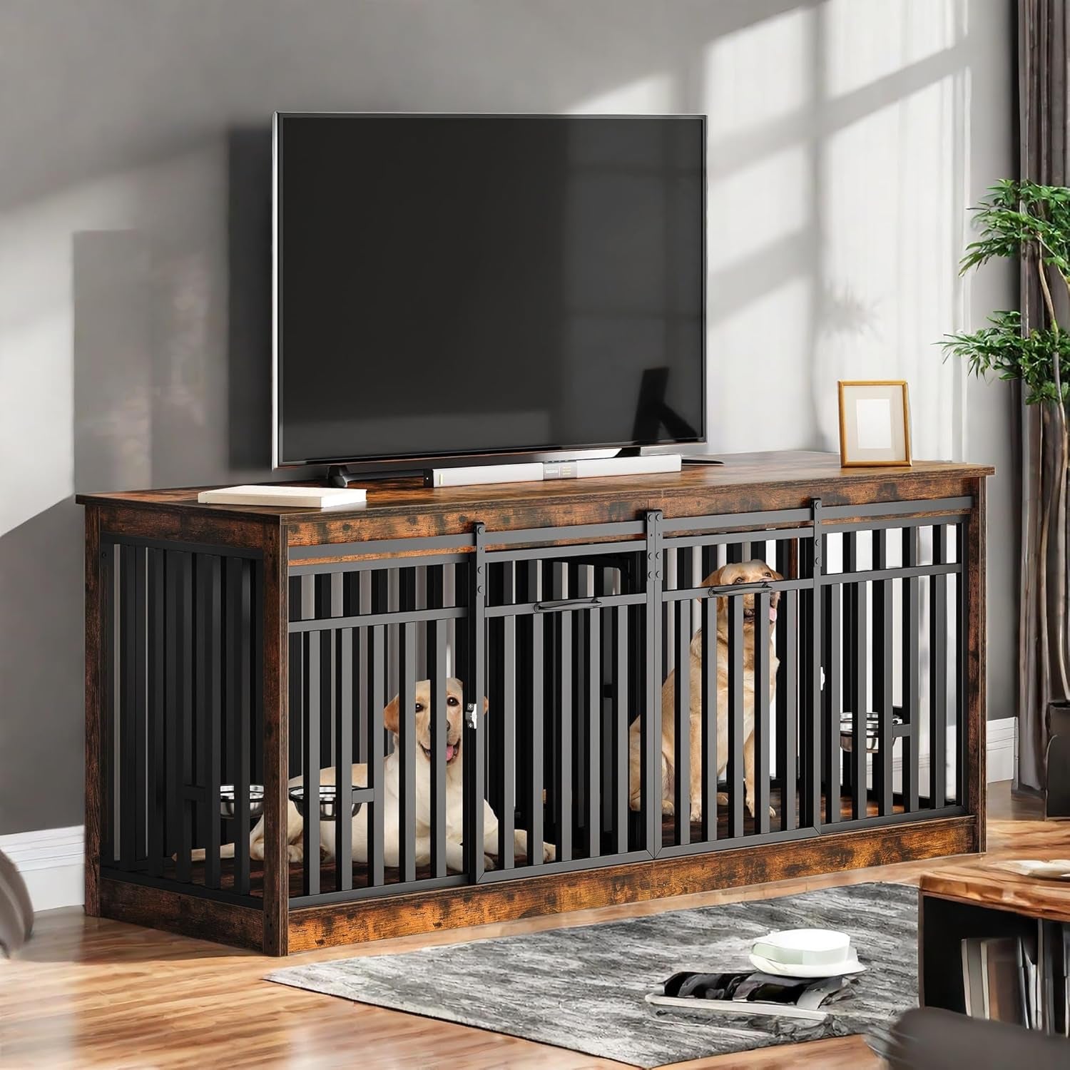 71 Inch Double Dog Crate Furniture for 2 Dogs, Heavy Duty Wooden Dog Crate TV Stand with 4 Dog Bowls, Dog Kennel Indoor Furniture Sliding Barn Door Design for Extra Large Dogs, Rustic Brown