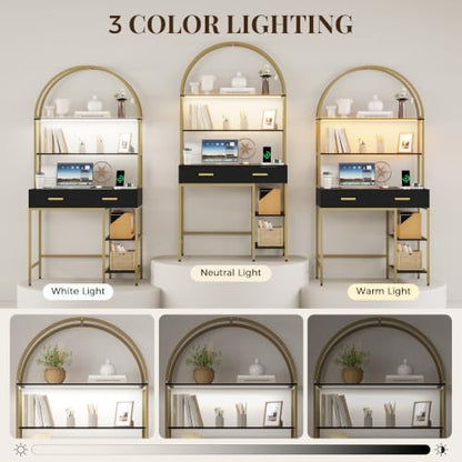 Arched Desk with Hutch and 2 Drawers, Black and Gold Writing Desk, view 6
