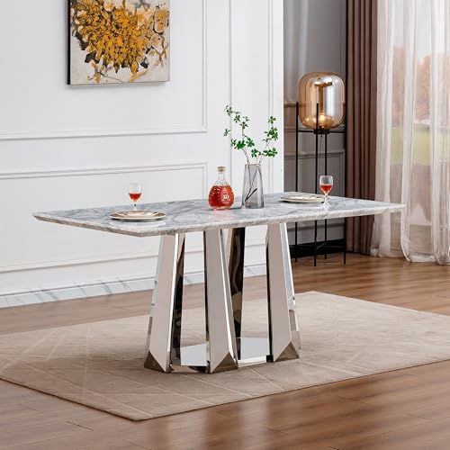 Marble Dining Table for 6 People, 70'' Rectangle Faux Marble Dining Table with Mirrored Stainless Steel Base, Large Size Marble Kitchen Table (Silver,Grey)(only Table)