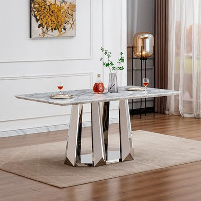 Marble Dining Table for 6 People, 70'' Rectangle Faux Marble Dining Table with Mirrored Stainless Steel Base, Large Size Marble Kitchen Table (Silver,Grey)(only Table)