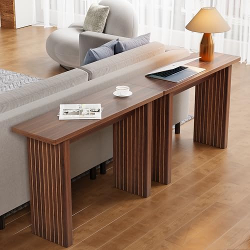 Mid Century Narrow Entryway Console Table, 43.3" Fluted Wood Couch Table Behind Sofa Long and Skinny for Living Room Hallway Entrance Foyer, Walnut