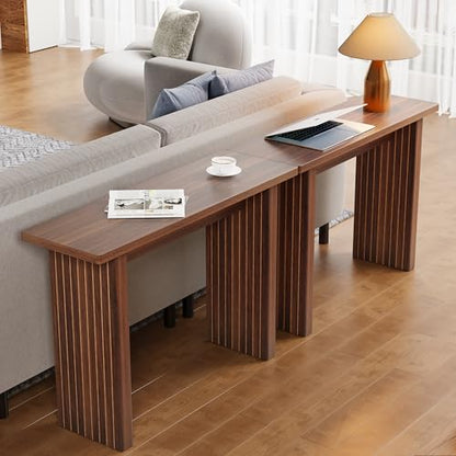 Mid Century Narrow Entryway Console Table, 43.3" Fluted Wood Couch Table Behind Sofa Long and Skinny for Living Room Hallway Entrance Foyer, Walnut
