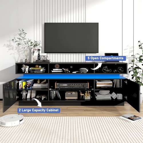 LED TV Stand for 80 Inch TV, Modern Tall Entertainment Center with Power Outlets, High Gloss TV Stand, Gaming TV Media Console with Glass Shelf for Living Room, 71 Inch, Black