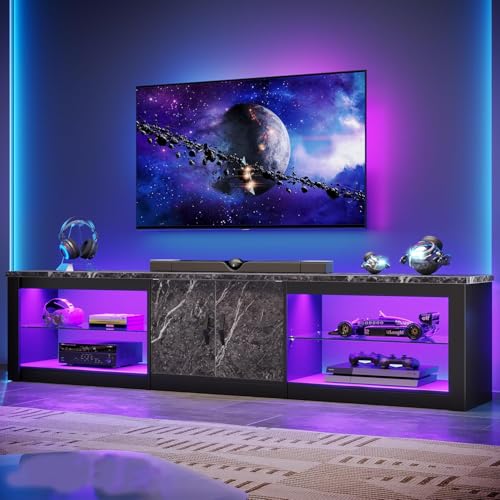 80 Inch TV Stand for 75/85/86 inch TVs, LED Gaming Entertainment Center for PS5 with Storage Cabinet &Adjustable Glass Shelves, Large TV Console Table for Living Room Bedroom, Black Marble