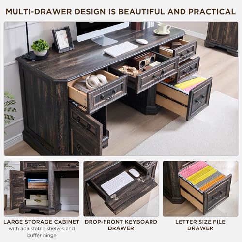 59" Farmhouse Executive Desk with Drawers, Wood Home Office Computer Desk, view 5