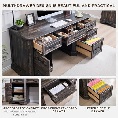 59" Farmhouse Executive Desk with Drawers, Wood Home Office Computer Desk, view 5