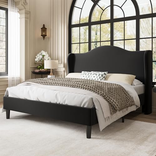 Queen Size Bed Frame, Plush Velvet Wingback, Modern Style, Black, view 4
