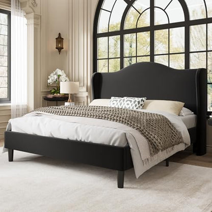 Queen Size Bed Frame, Plush Velvet Wingback, Modern Style, Black, view 4