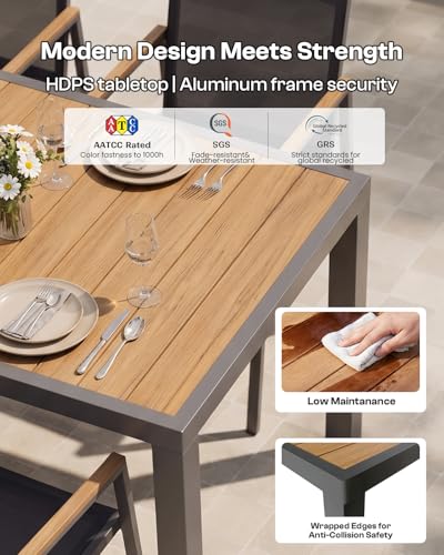 Outdoor Dining Set, 7 Piece Aluminum Patio Table and Chairs Set, All Weather Patio Dining Furniture Set with Umbrella Hole for Backyard, Deck, Poolside (Gray-Teak)