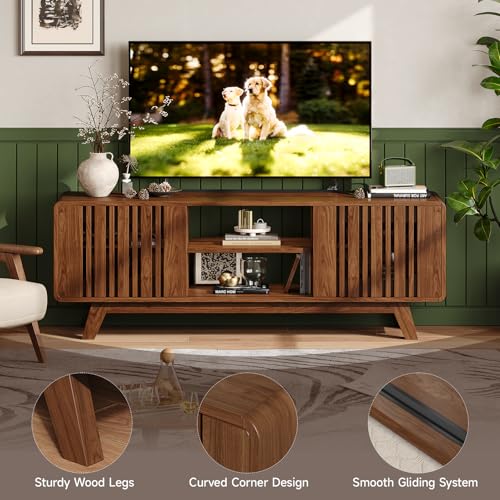 63-Inch TV Stand for TVs up to 75 Inch, Mid-Century Modern Television Stand with Power Outlet, Entertainment Center with Sliding Grille Door Cabinets and Open Shelves for Living Room, Walnut