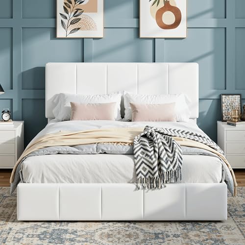 Velvet Platform Bed with Tufted Headboard, White, view 2