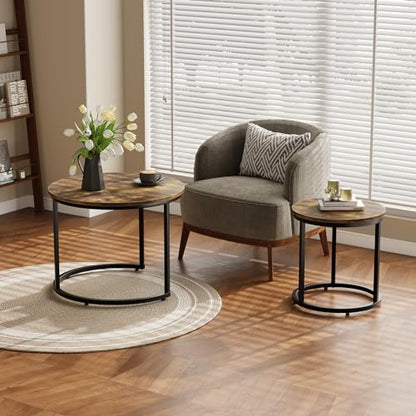 Nesting Coffee Table Set of 2, 23.6" Round Coffee Table Rustic Wood Top with Adjustable Non-Slip Feet, Industrial End Table Side Tables for Living Room Bedroom Balcony Yard