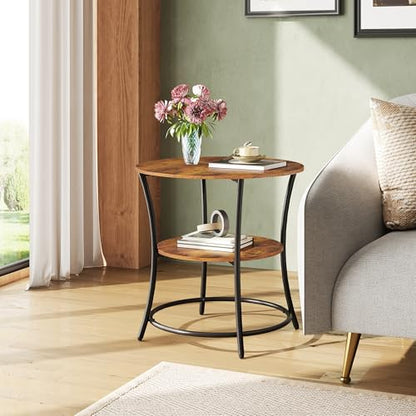 Side Table, Round End Table with 2 Storage Shelves for Living Room, Bedroom, Nightstand with Steel Frame for Small Spaces, Accent Coffee Table, Rustic Brown