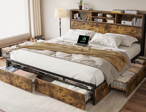 King Bed Frame with 6 Storage Drawers, Charge Station,Noise-Free, view 6