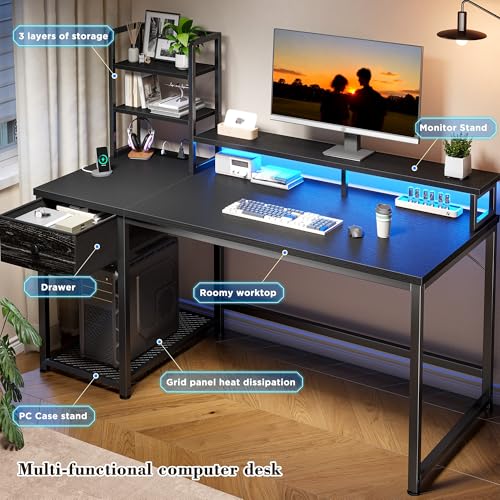 44" Gaming Desk with Hutch and Drawers,Black, view 6