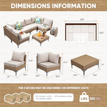 7 Piece Wicker Patio Furniture Set,Outdoor Conversation Sectional Sofa w/Coffee Table,All-Weather Outdoor Sofa with Thick and Anti-Slip Cushions for Deck,Poolside,Garden,Beige
