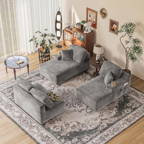 142" Boneless Couch, Modular Sectional Sofa, No Assembly Required, Memory Foam Filling, Corduroy U-Shaped Sofa, Movable Multi-Person Couch for Living Room (Grey)