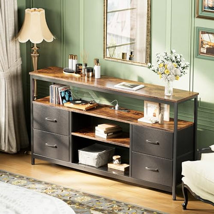 TV Stand Dresser with Power Outlets and LED Lights, 4 Drawers Entertainment Center with Shelves, 54 Inch Media Console for 55 60 Inch TV, PU Finish, Rustic Brown and Black