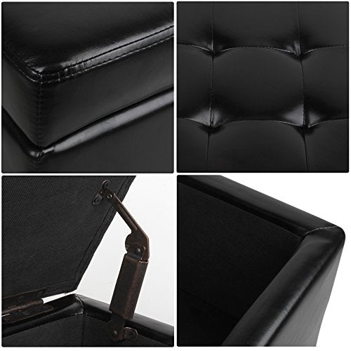 Tufted Leather Square Flip Top Storage Ottoman Cube Foot Rest (Black)