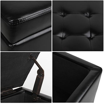 Tufted Leather Square Flip Top Storage Ottoman Cube Foot Rest (Black)
