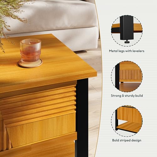 Trapeze Coffee Table for Living Room – Modern Wooden Center Table with Storage, Metal Legs, Large Teak Brown Coffee Table for Stylish Living Room Furniture Setup