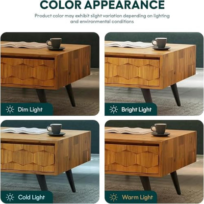 Georgina Solid Wood Coffee Table, 2 Drawers & Open Shelves, Mid Century Modern Center Table, 110 cm, Teak Brown, Pre-Assembled