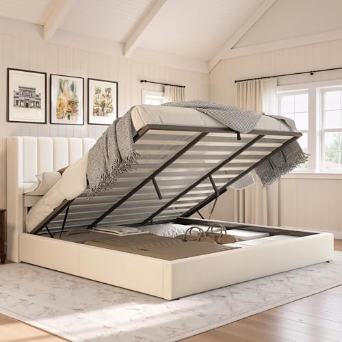King Lift Up Storage Bed with Linen Wingback Headboard, White, view 2