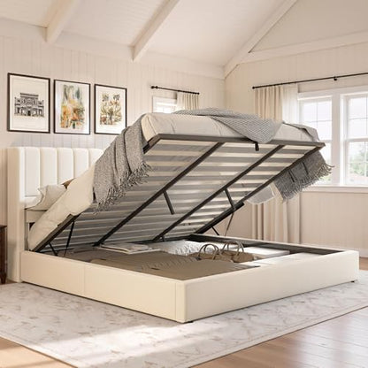 King Lift Up Storage Bed with Linen Wingback Headboard, White, view 2