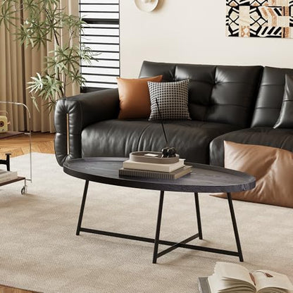Modern Coffee Table, Oval Wood Coffee Tables Center Table with Metal Leg for Living Room, 47 Inch Living Room Table Accent Furniture (Oval Coffee Table, Black)