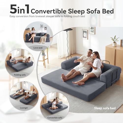 Sofa Bed, Corduroy Sleeper Sofa Bed with Fixed Frame, Floor Sofa Lounge with Pillow, Convertible Folding Mattress Couch for Living Room, Bedroom, Lounge, Studio (Dark Gray)
