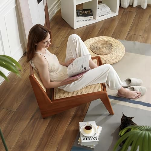 Mid Century Modern Chair Japandi Walnut Rattan and Wood Lounge Chairs Armless Accent Chair for Living Room Bedroom Balcony & Patio