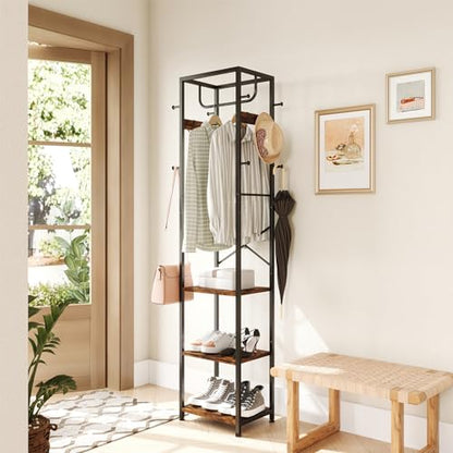 Coat Rack Freestanding, Hall Tree with 3 Shelves and 12 Hooks, Rustic Brown, view 3